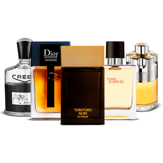 Kombination aus 5 Herrenparfums – Creed Aventus, Dior Homme Intense, Tom Ford Noir Extrême, Terre d'Hermès und Azzaro Wanted [jeweils 100 ml]