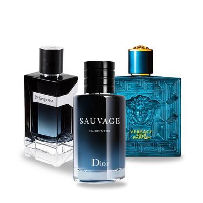 Promoční balíček 3 parfémů: Dior SAUVAGE, Yves Saint Laurent Y MEN a Versace EROS 100 ml.