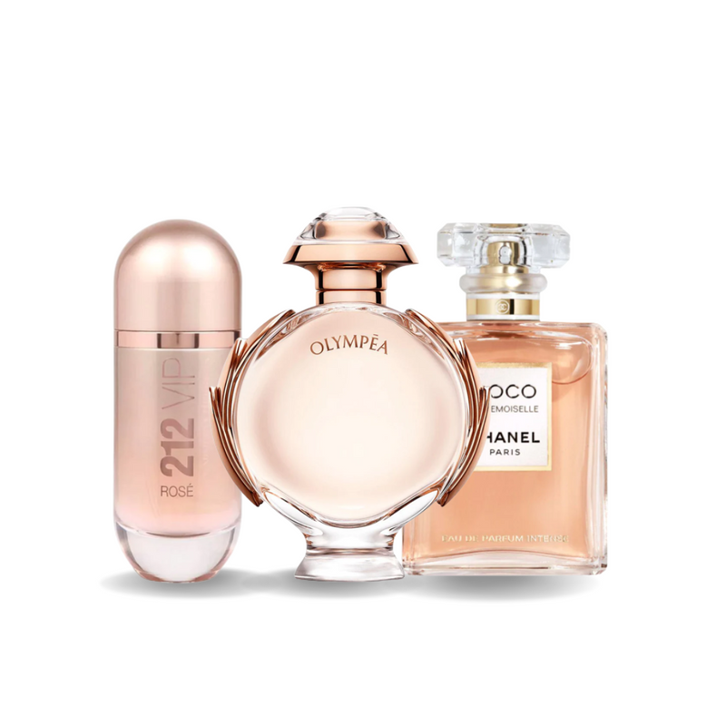 Akční balíček 3 parfémů: Carolina Herrera 212 VIP ROSÉ, Paco Rabanne OLYMPÉA a Chanel COCO MADEMOISELLE 100 ml.