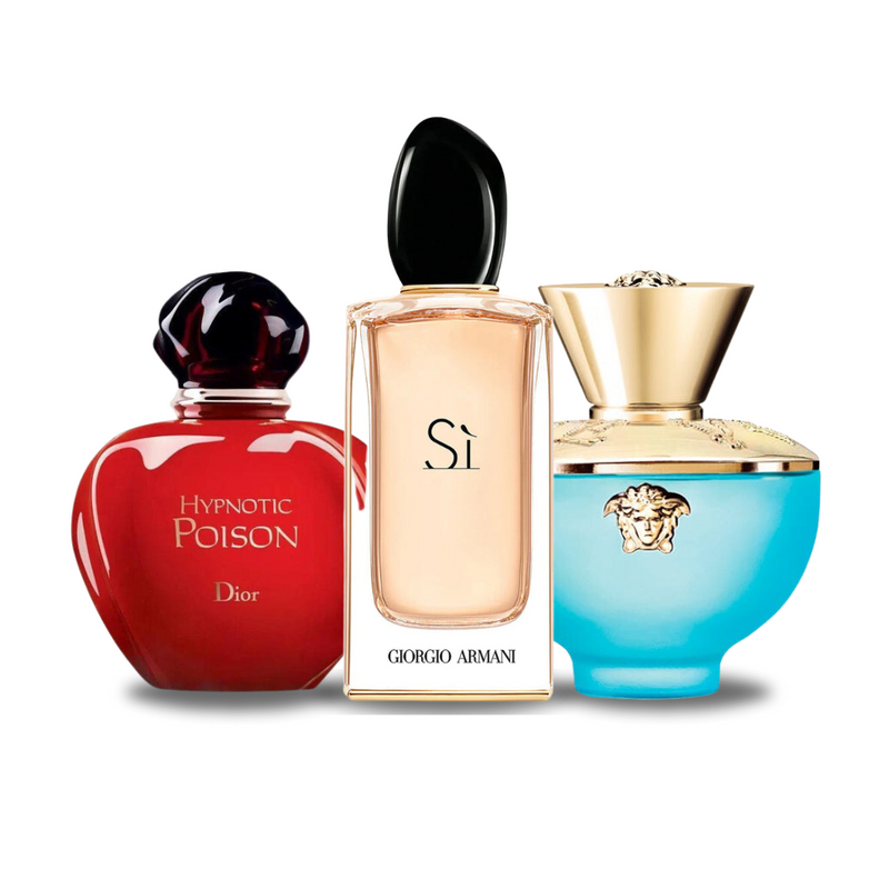 Promoční balíček 3 parfémů: Dior HYPNOTIC POISON, Giorgio Armani SÌ a Versace DYLAN TURQUOISE 100 ml.